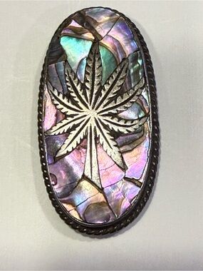 Vintage 1970s Mexican Sterling Abalone Mosaic Cannabis Leaf Panel As-Is 38mm